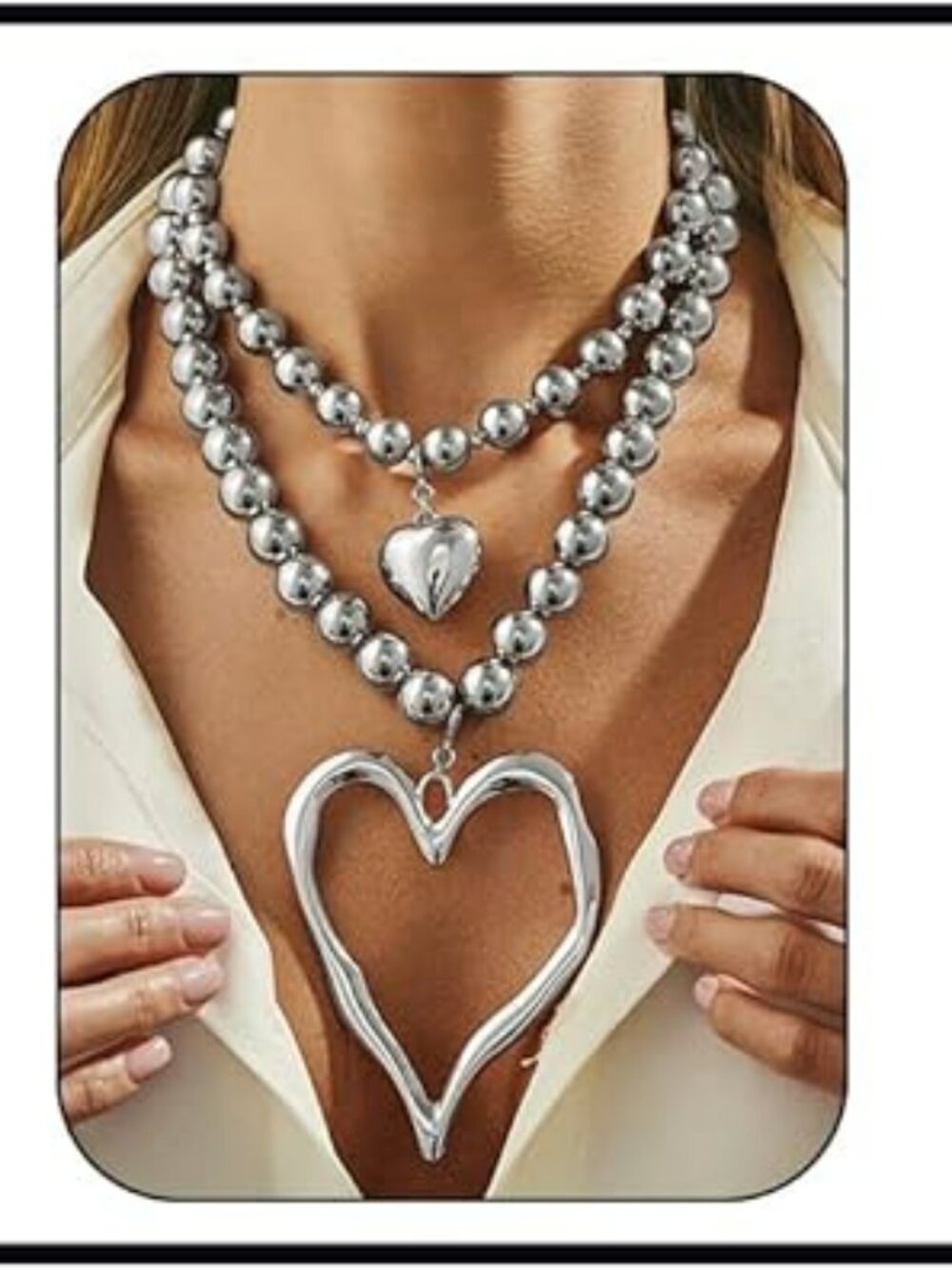 NEW Chunky Silver Necklace Big Chunky Heart Pendant Exaggerated Pearled Y2K